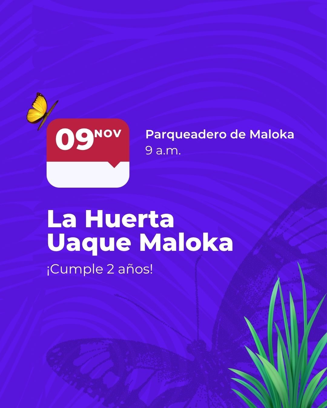 Celebra los 2 años de la Huerta Uaque Maloka con talleres, ensalada comunitaria y música. Ven a compartir y aprender sobre sostenibilidad y compostaje.