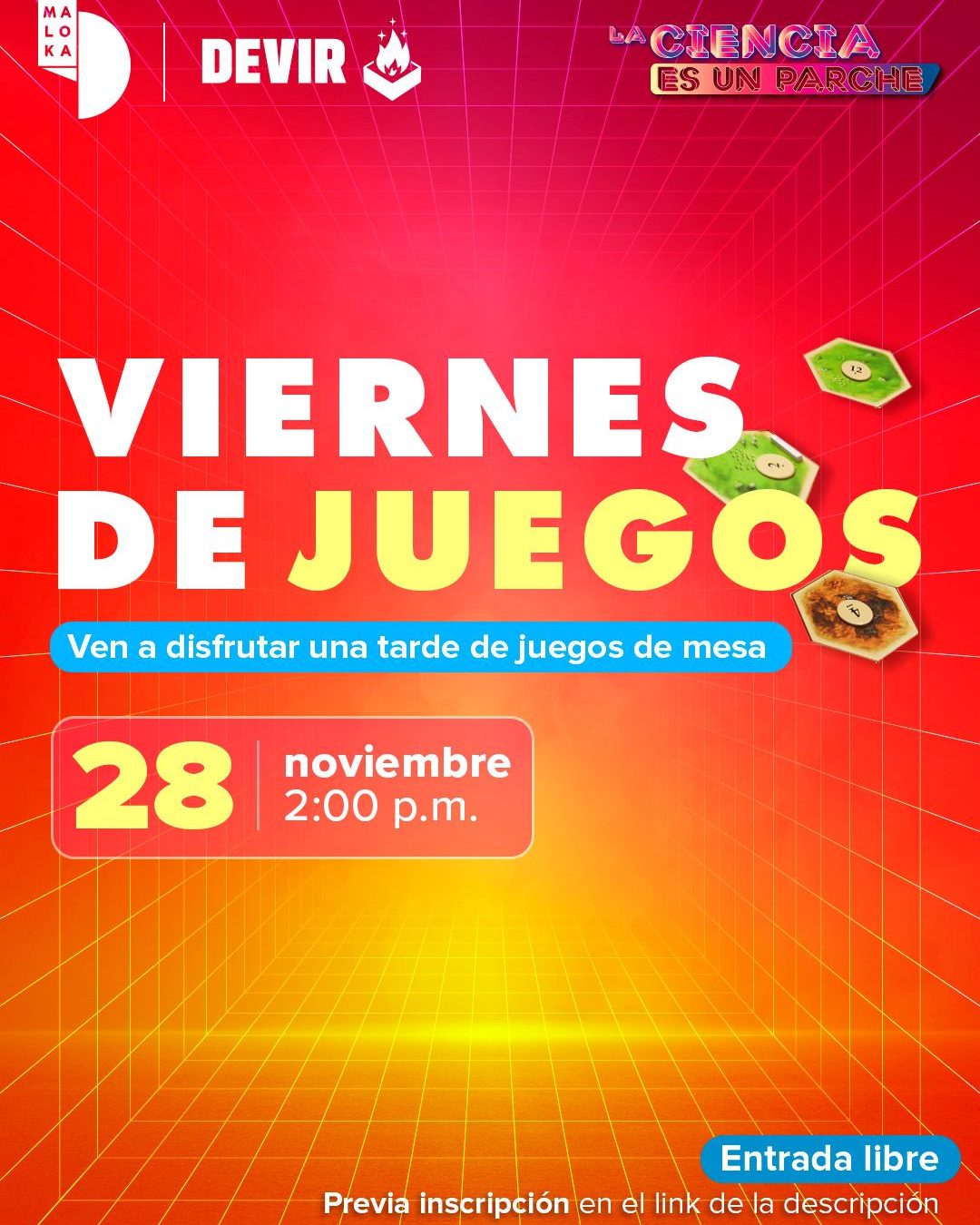 Disfruta una tarde de ciencia y diversión en los Viernes de juegos de Maloka. Comparte, aprende y reta tu mente con juegos de mesa y experimentación.